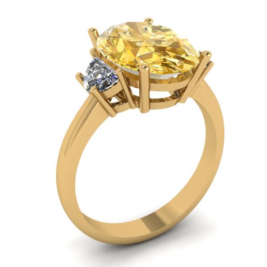 Oval Yellow Diamond with Side Half-Moon White Diamonds Ring Yellow Gold,  Enlarge image 4