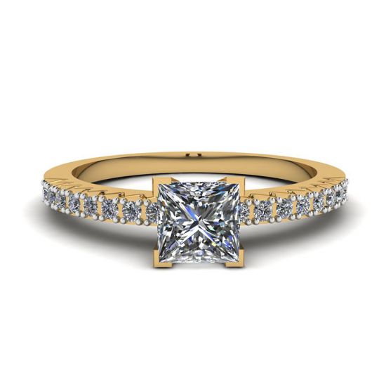 Princess Cut Diamond Ring in V with Side Pave Yellow Gold, Image 1