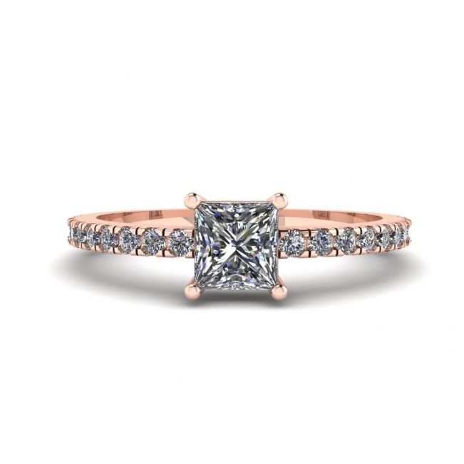 Princess Cut Diamond Ring with Side Pave in 18K Rose Gold