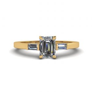 Emerald Cut and Side Baguette Diamond Ring Yellow Gold
