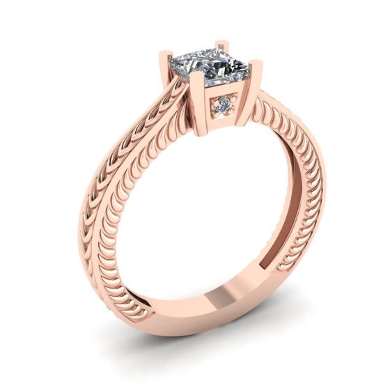 Oriental Style Princess Cut Diamond Ring 18K Rose Gold,  Enlarge image 4