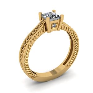 Oriental Style Princess Cut Diamond Ring 18K Yellow Gold - Photo 3