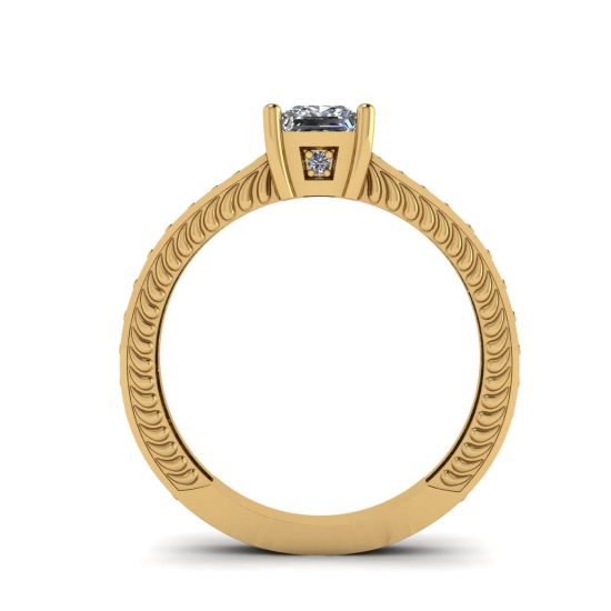 Oriental Style Princess Diamond Ring with Pave in 18K Yellow Gold,  Enlarge image 2