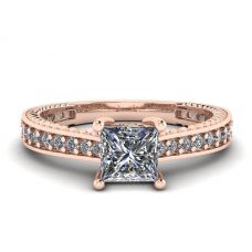 Oriental Style Princess Diamond Ring with Pave in 18K Rose Gold