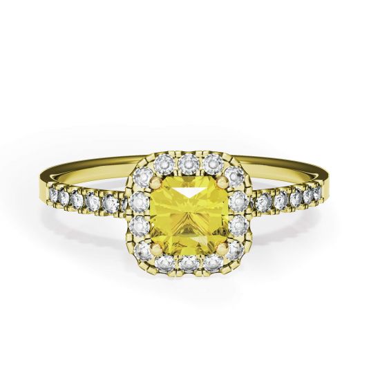 Cushion 0.5 ct Yellow Diamond Ring with Halo Yellow Gold