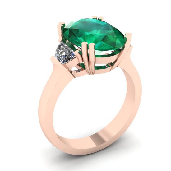 Oval Emerald with Half-Moon Side Diamonds Ring Rose Gold,  Enlarge image 4