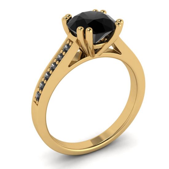 Round Black Diamond with Black Pave 18K Yellow Gold Ring,  Enlarge image 4