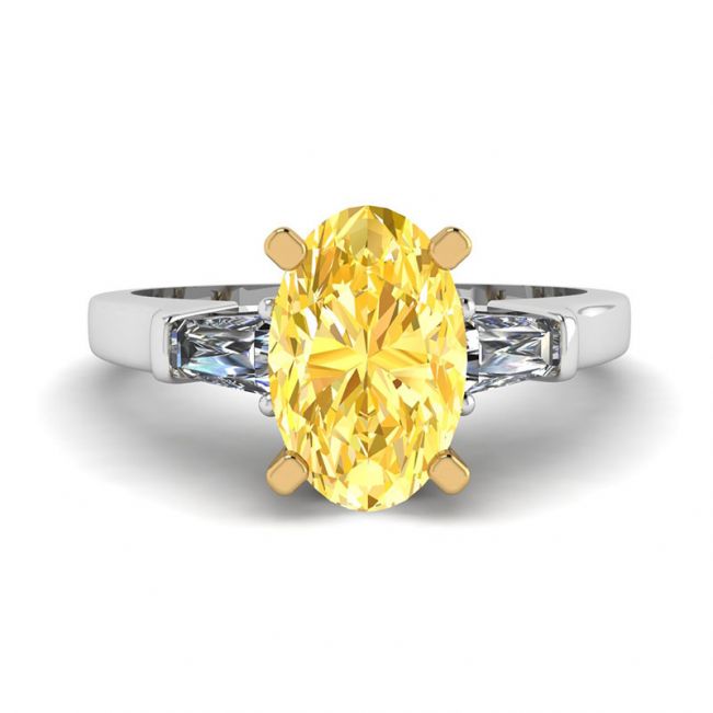 Oval Yellow Diamond with White Side Baguettes Ring