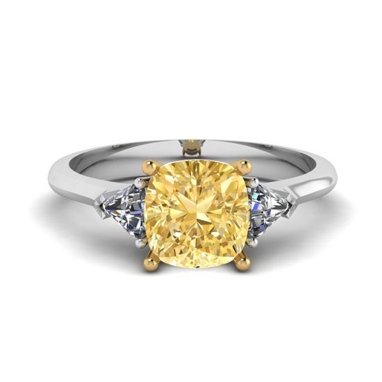 1 carat Cushion Yellow Diamond with Side Trillions Ring , Image 1