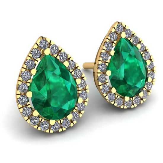 Pear-Shaped Emerald with Diamond Halo Earrings Yellow Gold,  Enlarge image 2