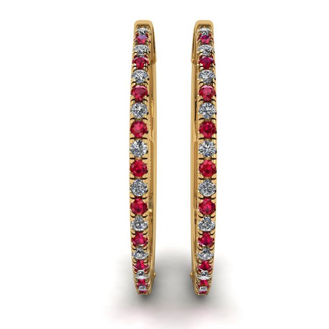 Yellow Gold Hoop Earrings with Rubies and Diamonds  - Photo 2