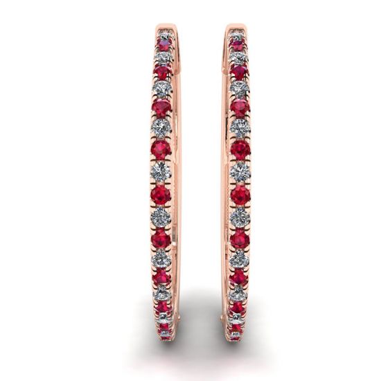 Rose Gold Hoop Earrings with Rubies and Diamonds,  Enlarge image 3