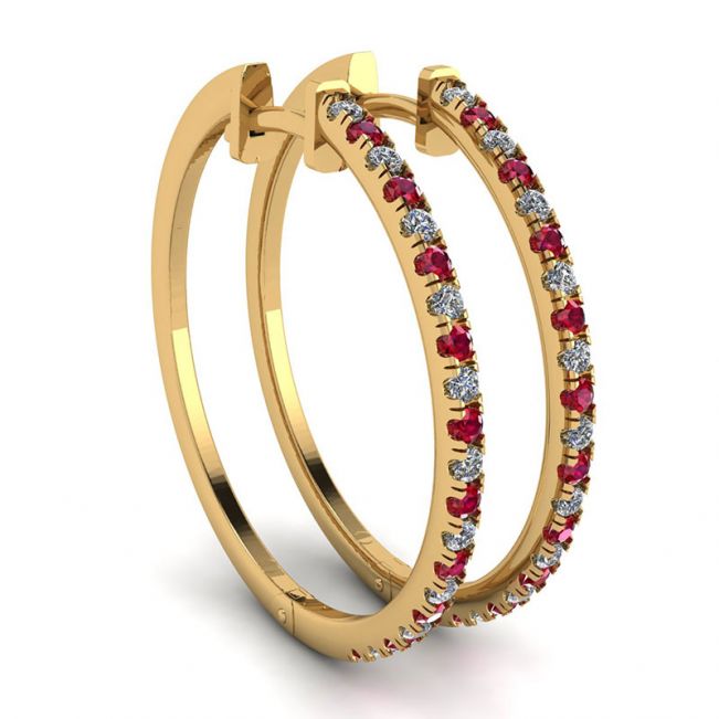 Yellow Gold Hoop Earrings with Rubies and Diamonds 