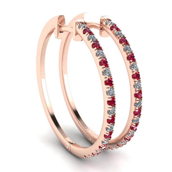 Rose Gold Hoop Earrings with Rubies and Diamonds, Enlarge image 1