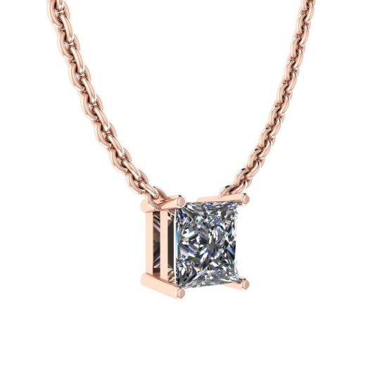 Princess Diamond Solitaire Necklace on Thin Chain Rose Gold, More Image 0