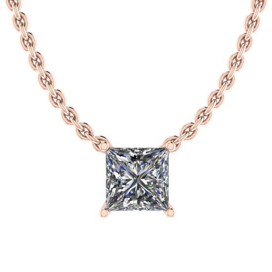 Princess Diamond Solitaire Necklace on Thin Chain Rose Gold, Enlarge image 1