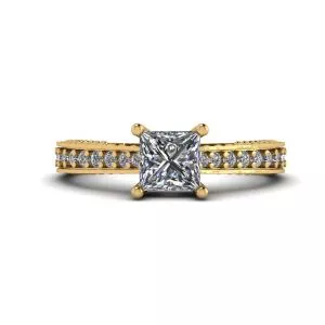 Oriental Style Princess Diamond Ring with Pave in 18K Yellow Gold