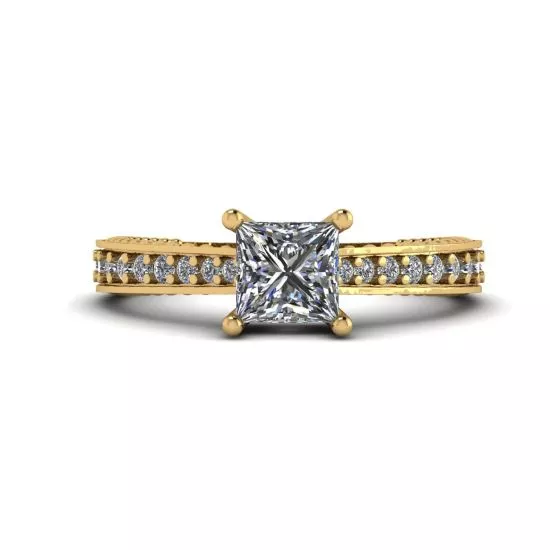 Oriental Style Princess Diamond Ring with Pave in 18K Yellow Gold, Enlarge image 1