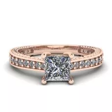 Oriental Style Princess Diamond Ring with Pave in 18K Rose Gold